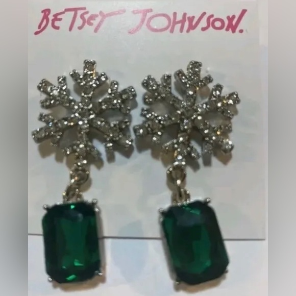 NWT ⚜️🎄⚜️ Betsey Johnson Christmas Holiday Snowflake Dangle Earrings Green - Picture 6 of 9